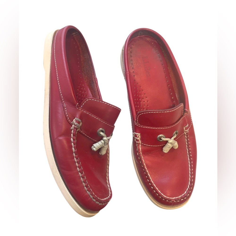 LL Bean Womens 7.5 M Mule Moccasins Flats Comfort Red Leather Slip On L.L. Bean